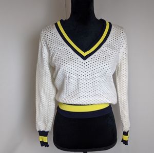 MANGO White V-Neck Varsity Pullover Sweater